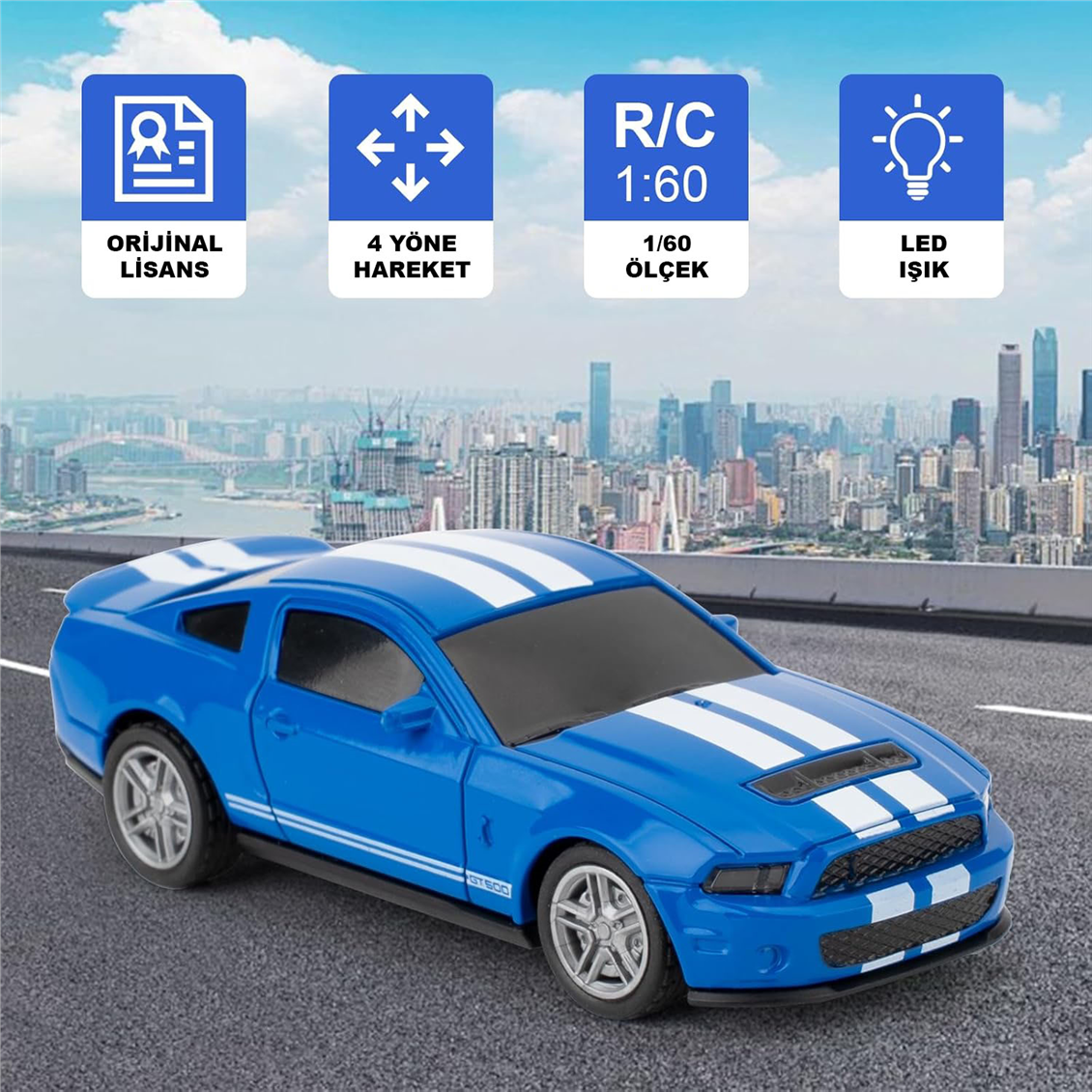 Ford Mustang GT500, Mavi, 1/60 Ölçek, 2.4Ghz 4 Kanal Uzaktan Kumandalı Araba - Görsel 5